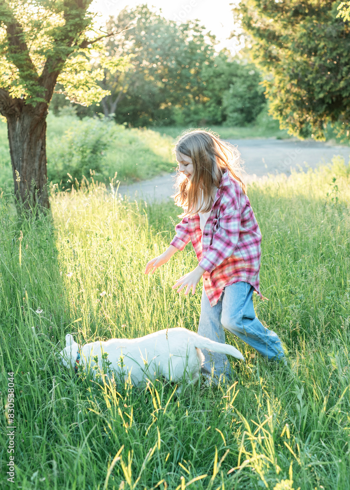 Fototapeta premium A child with a dog in nature