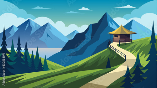 The trail leads to a lookout point with breathtaking views of the surrounding mountains and valleys providing a photoworthy moment for the group.. Vector illustration