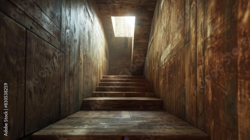 A dark, narrow hallway with wooden stairs leading up to a window