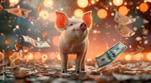 A piglet looks up as dollar bills flutter in the air around it, set against an enchanting, bokeh background photo