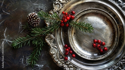 Silver Plate with Red Tree Berries Pine Needles and a Single Holly