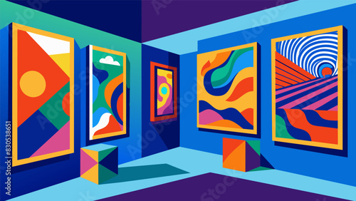 In one corner a collection of abstract paintings caught my eye the bold colors and intricate patterns drawing me in and leaving me in awe of the students skills.. Vector illustration