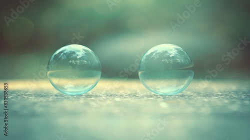  A pair of glass balls rest atop a table  nearby trees and a foreground body of water create a blurred backdrop