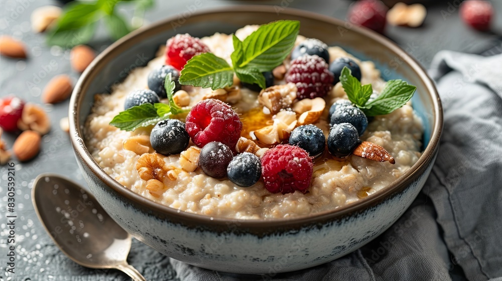 bowl oat meal. making healthy breakfast in kitchen bowl oat meal. making healthy breakfast in kitchen