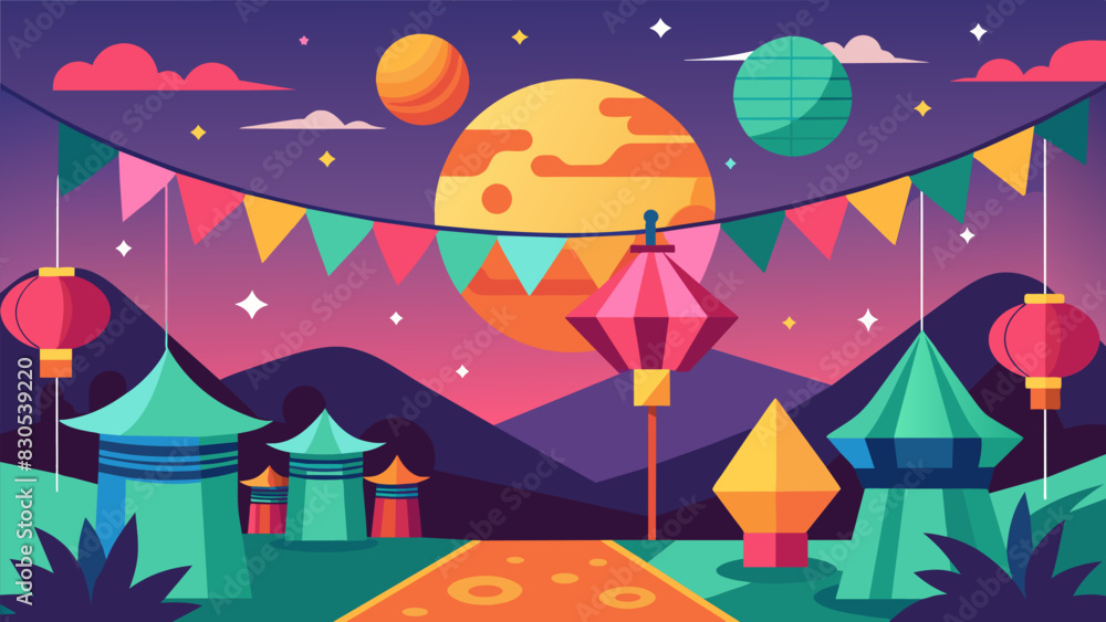 As the sun set colorful lanterns and paper decorations illuminated the festival grounds adding to the festive and vibrant atmosphere.. Vector illustration As the sun set colorful lanterns and paper decorations illuminated the festival grounds adding to the festive and vibrant atmosphere.. Vector illustration
