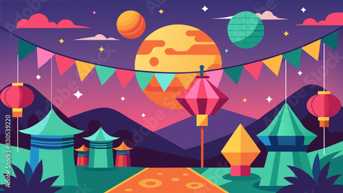 As the sun set colorful lanterns and paper decorations illuminated the festival grounds adding to the festive and vibrant atmosphere.. Vector illustration