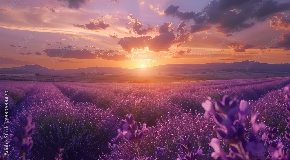A lavender field with a majestic sunset behind it. Generative AI.