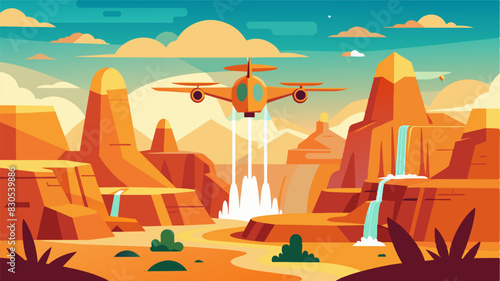 The eVTOL flew over a sprawling desert park with waterfalls and fountains providing a refreshing oasis amidst the surrounding desert landscape.. Vector illustration