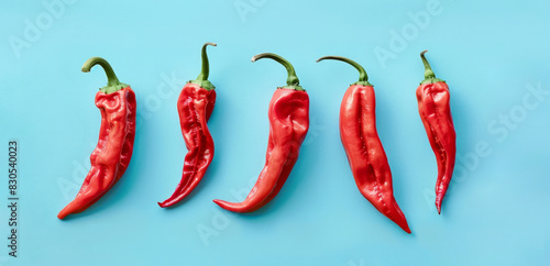 Red hot chilly peppers on light blue background. Close up, flat lay.  © Maroubra Lab