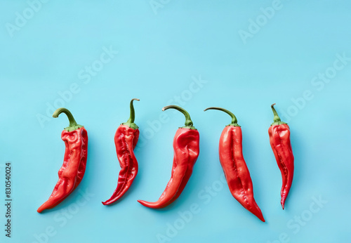 Red hot chilly peppers on light blue background. Close up, flat lay.  © Maroubra Lab