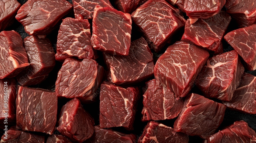 A redmeat pile sits atop a black table, adjacent to a stack of cut meat pieces A redmeat pile sits atop a black table, adjacent to a stack of cut meat pieces