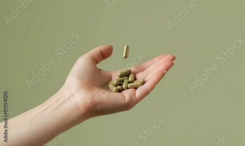 Herbal natural medicine/pills falling into woman's hand. Herbal medicines, organic, plants, health, dietary supplements concept.  © Maroubra Lab