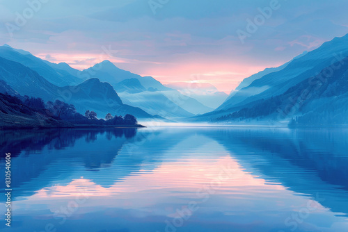 Dusk falls over mountains  with a calm lake reflecting the last light of the day