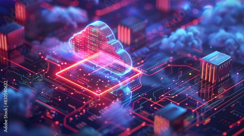 Design a scene of cloud computing with data centers, servers, and a digital interface displaying cloud storage, data management, and seamless access to information from anywhere  photo