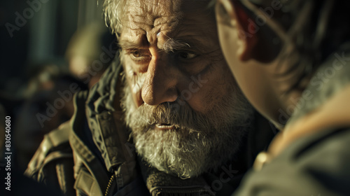 A close-up portrait of an old beggar or a homeless man. An elderly man with a beard is depressed. A depressing lonely old age.