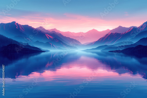 Dusk falls over mountains  with a calm lake reflecting the last light of the day