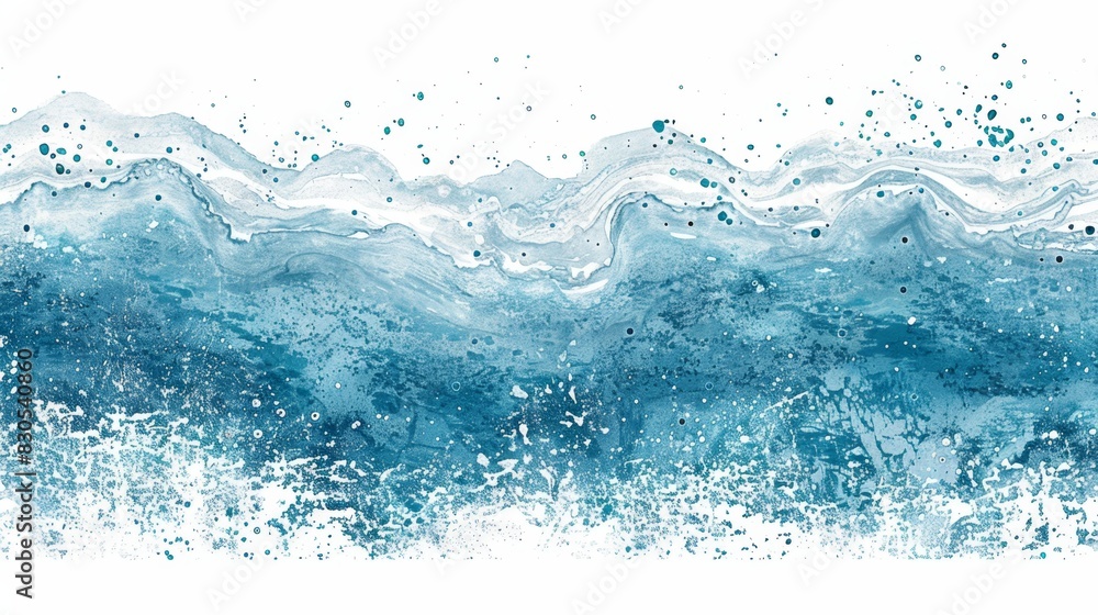  A watercolor painting of a single wave in shades of blue and white against a pristine white background At the base of the wave, a splash of water appears, mirr