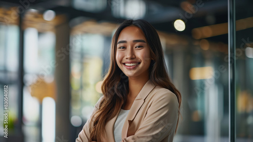 Women in leadership positions. A woman with long hair smiles and poses for a photo. A young successful Asian businesswoman