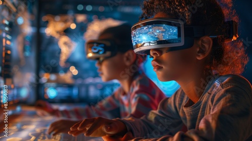 the use of augmented reality glasses in education, with students interacting with digital overlays, learning in immersive environments, and accessing additional information photo