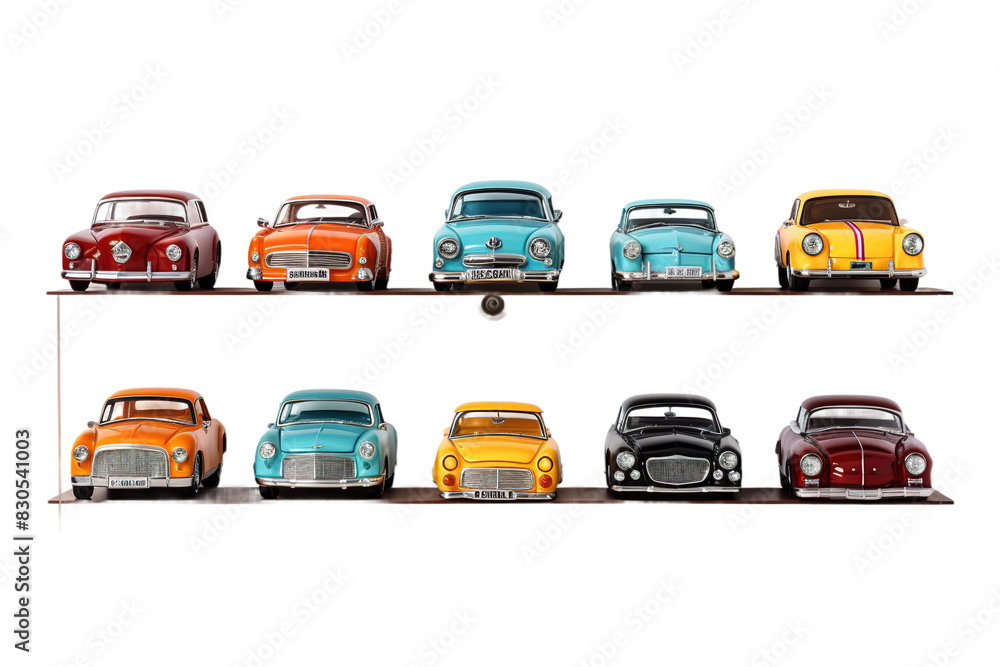 Spectrum of Wheels: Vibrant Cars Perched on a Shelf on White or PNG Transparent Background. Spectrum of Wheels: Vibrant Cars Perched on a Shelf on White or PNG Transparent Background.