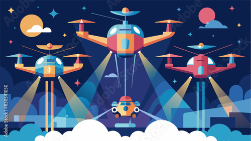 A series of air taxis forming a synchronized aerial display showcasing various products and services in a mesmerizing light show.. Vector illustration
