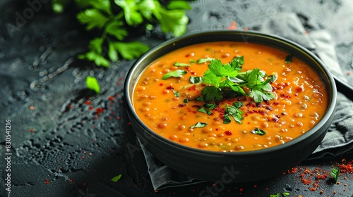 soup garnished lentil. Indian dhal with red lentils garnished with coriander.
 photo