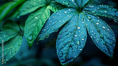  A close-up of a green plant with water droplets on its leaves