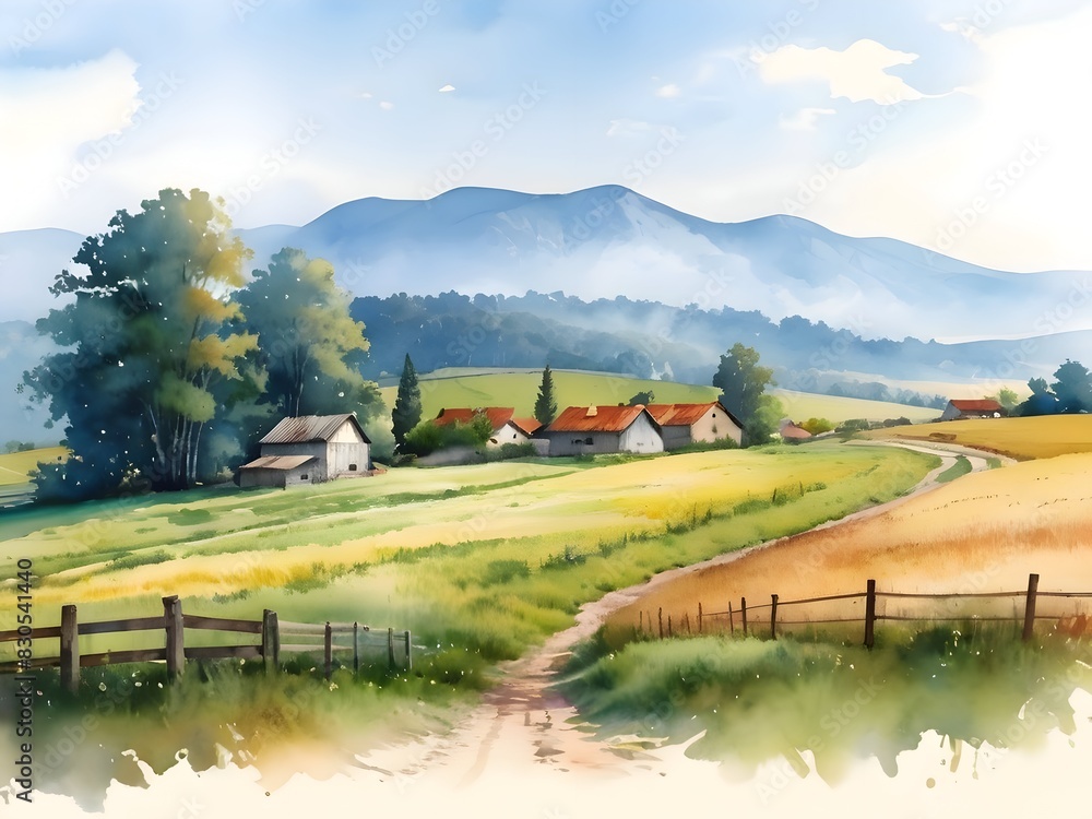 Fototapeta premium Field Countryside Landscape Watercolor Art