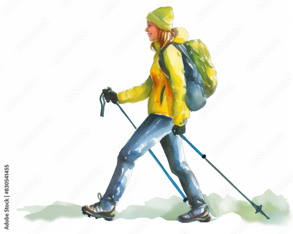 Obraz premium Woman practicing Nordic walking with sticks. Sport for health. Watercolor isolated illustration on white background.