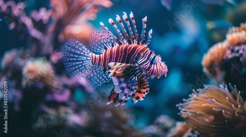 Vibrant Lionfish Swimming in Tropical Coral Reef Aquarium