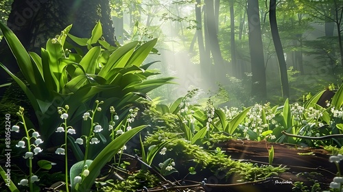 Springtime brings the elegant bloom of Lily of the Valley (Convallaria majalis) to the forest. photo