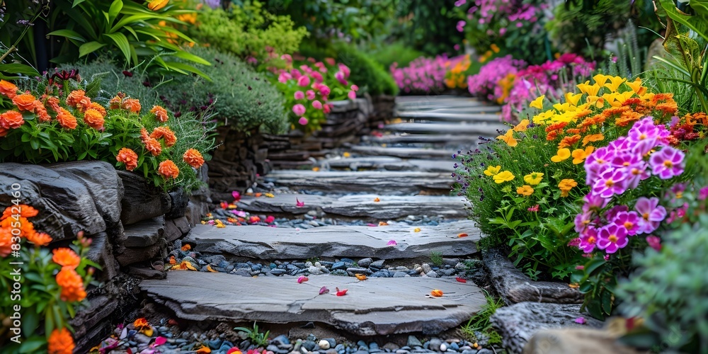 Fototapeta premium Guiding the Way: A Garden Path Lined with Blooming Flowers. Concept Garden Path, Blooming Flowers, Guiding the Way