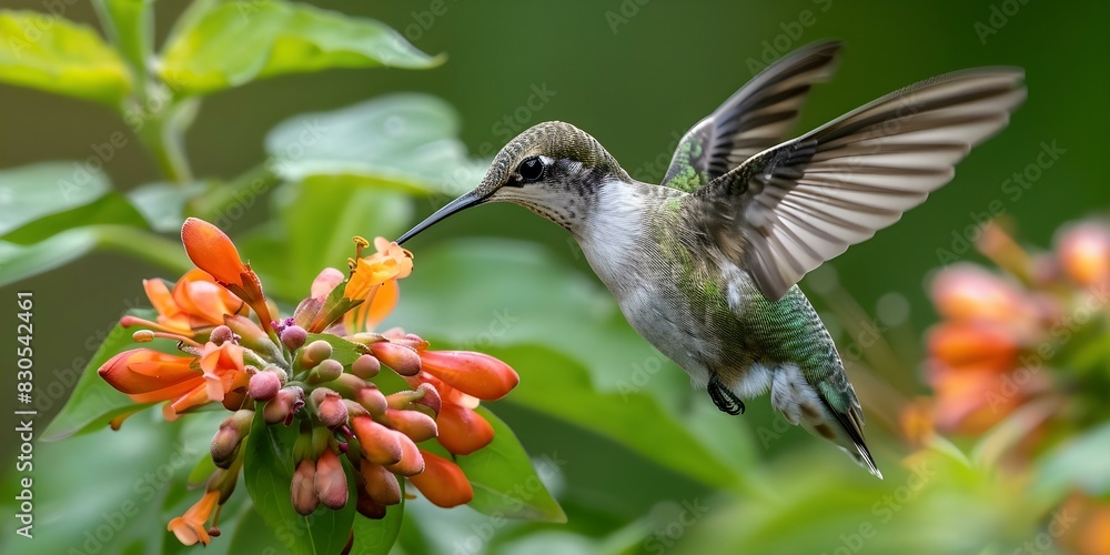 Obraz premium A Hummingbird Sipping Nectar from a Delicate Blossom. Concept Wildlife Photography, Nature, Bird Watching, Botany, Beautiful Moments