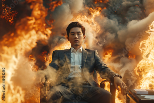asian businessman sits amidst the chaos of a flaming office, but his expression is surprisingly  photo