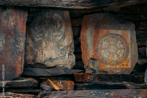 Obraz na plátně Stone carvings on a mani wall in Tsum Valley, Nepal