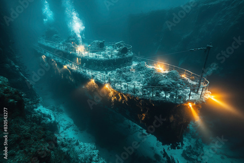 Deep water scene , a sunken ship sink under the sea