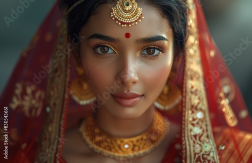 Stunning Portrait of an Indian Bride in Red Sari with Gold Jewelry and Intricate Headpiece