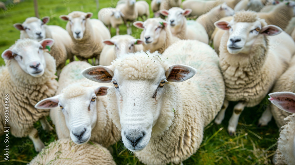 Obraz premium Flock of white sheep in the pasture representing conformity and herd mentality