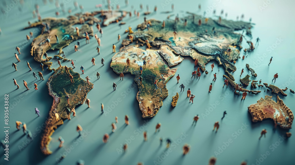 Stylized miniature 3D world map with figures representing global population distribution Stylized miniature 3D world map with figures representing global population distribution