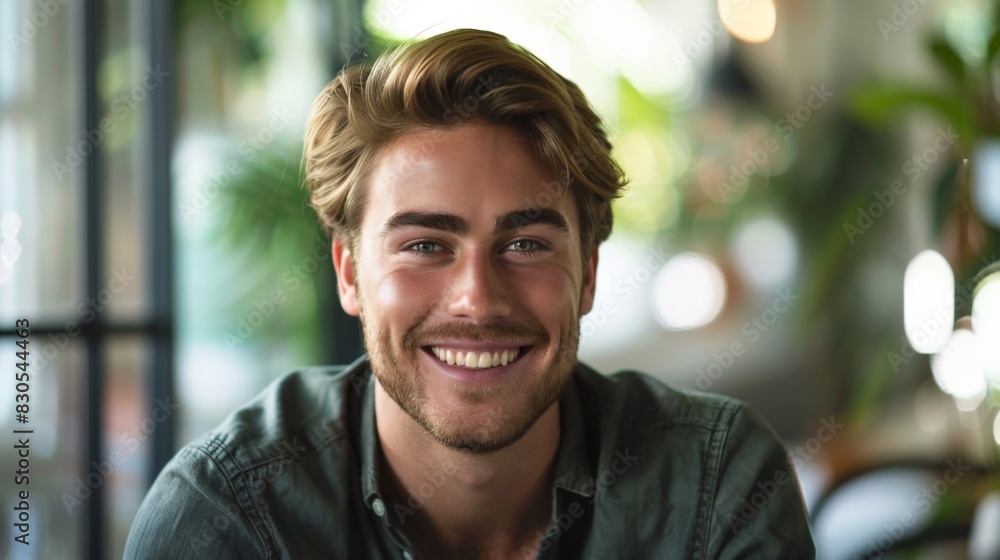Obraz premium Smiling Young Man with Blond Hair Enjoying Time in a Greenery-Adorned Cafe