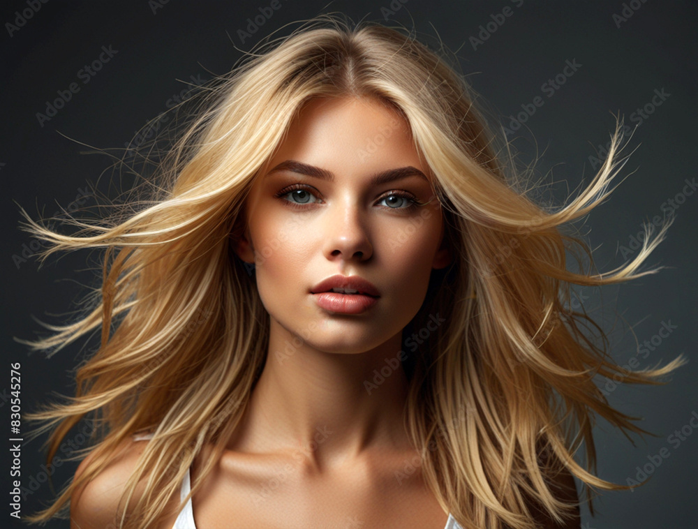 Obraz premium Closeup portrait of a beautiful young female model woman shaking her beautiful blonde hair in motion.