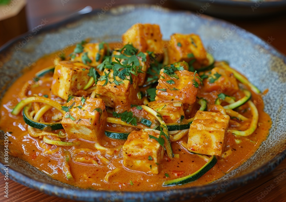 Vibrant Zucchini Noodles in Coconut Curry Sauce with Tofu Generative AI Vibrant Zucchini Noodles in Coconut Curry Sauce with Tofu Generative AI