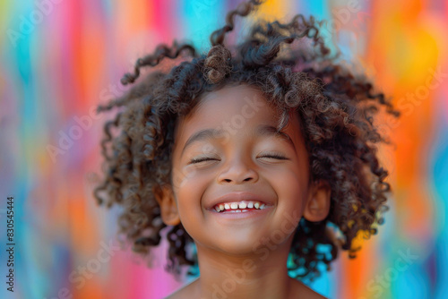 A little Black child laughing playfully with eyes closed