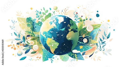 Illustration of a watercolor globe surrounded by various emotive elements symbolizing World Watercolor Emotion showcased against a clean white background in a 2d format to promote awareness  © AkuAku