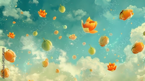 Festive decoration: Colorful fruits, including yellow, pink, and heart shapes, float in a bright blue sky