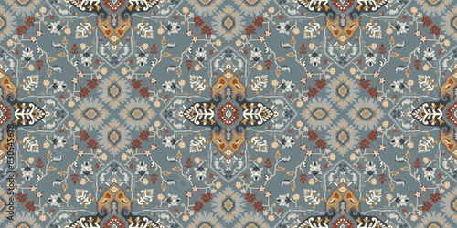 Vintage Arabic pattern. Persian colored carpet. Rich ornament for fabric design, handmade, interior decoration, textiles. Blue background.