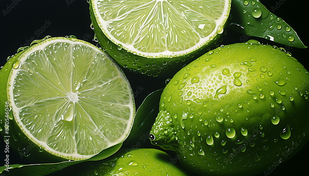green lime with water drops. Generative ai green lime with water drops. Generative ai