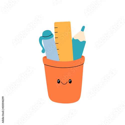 School supplies in holder vector illustration. Cute educational characters. Office stationery elements. Funny doodle style