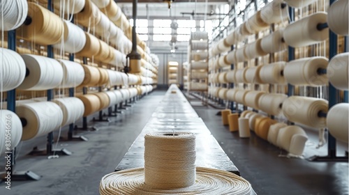 A modern natural fiber Thread factory. Generative AI. photo