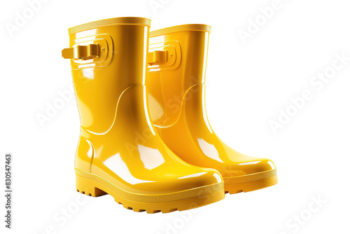 Sunlit Yellow Rain Boots Dancing on a Blank Canvas on White or PNG Transparent Background. photo